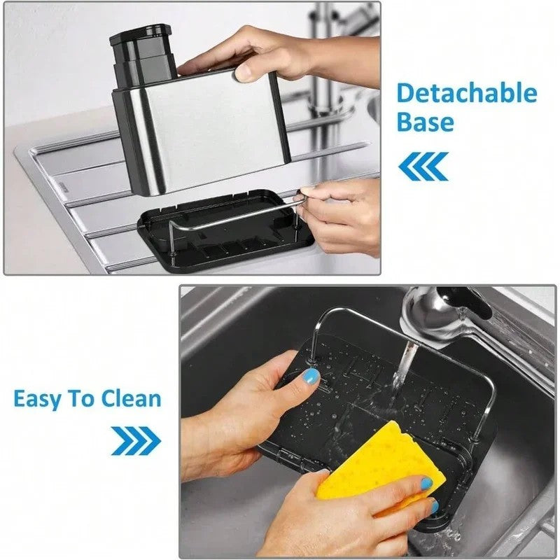 3-in-1 Kitchen Stainless Steel Tableware Soap Dispenser, Sponge Holder, Sink Organizer Drain Rack, Suitable for Kitchen Sinks