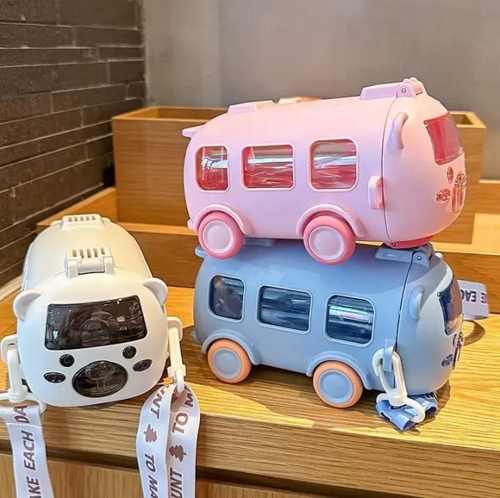 500ml Bus Shape Cute Car Water Bottle with Wheels & Strap – Leakproof Kids Bottle