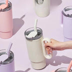 Pink Ribbed Handle Tumbler – 20 oz Insulated Straw Mug