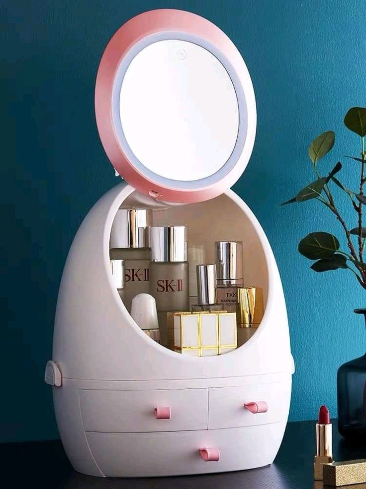Oval Mirror Cosmetic Storage Organizer | Makeup Storage Box