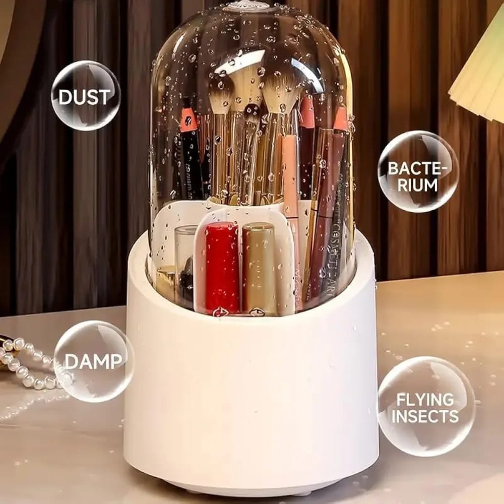 360° Rotating Cosmetic Brush Holder with Transparent Top – Makeup Organizer Stand
