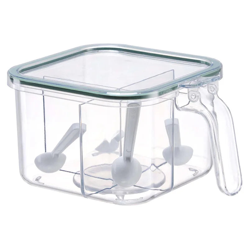 "4-Grid Spice Storage Box – Multi-Section Seasoning Organizer with Spoon